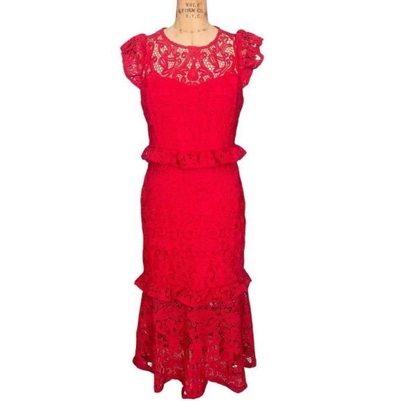 GRACIA Elegant Red Lace Dress with Flutter Sleeves Size M - Picture 1 of 6